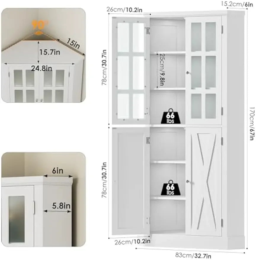 67" Corner Cabinet, Tall Corner Storage Cabinet with 4 Doors, Corner Cabinet with Spacious Top, Curved Profile Design, Space Mike's mixed store