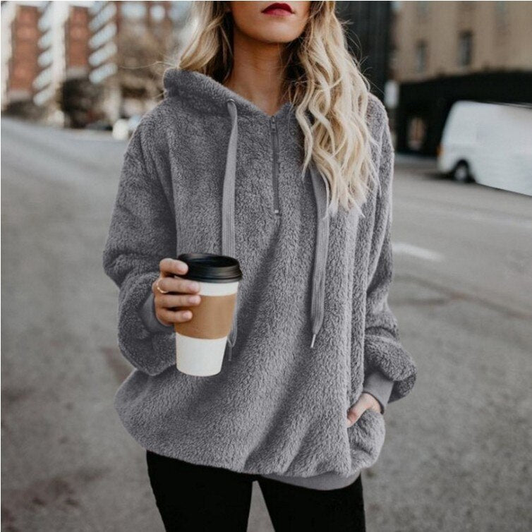 Women's Winter Solid Color Fleece Hooded Sweater Women's Zipper Long Sleeve Sweater Fleece Sweater Jacket Warm Thick Cotton Tops