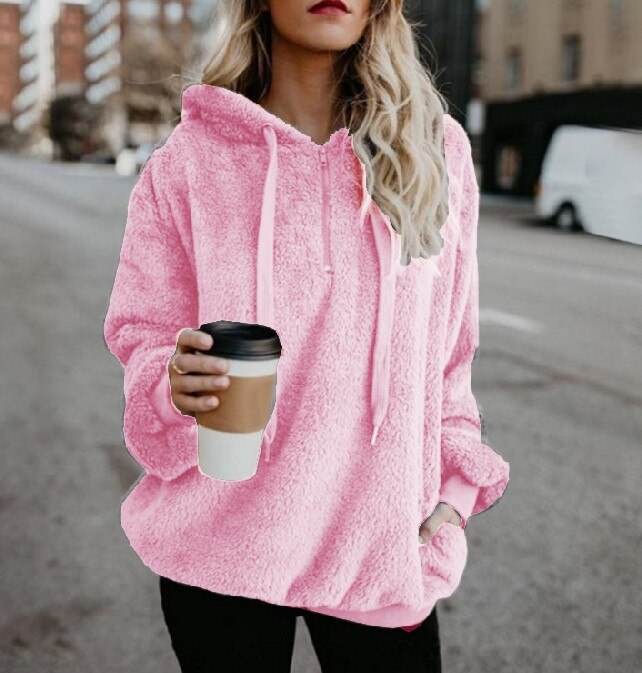 Women's Winter Solid Color Fleece Hooded Sweater Women's Zipper Long Sleeve Sweater Fleece Sweater Jacket Warm Thick Cotton Tops