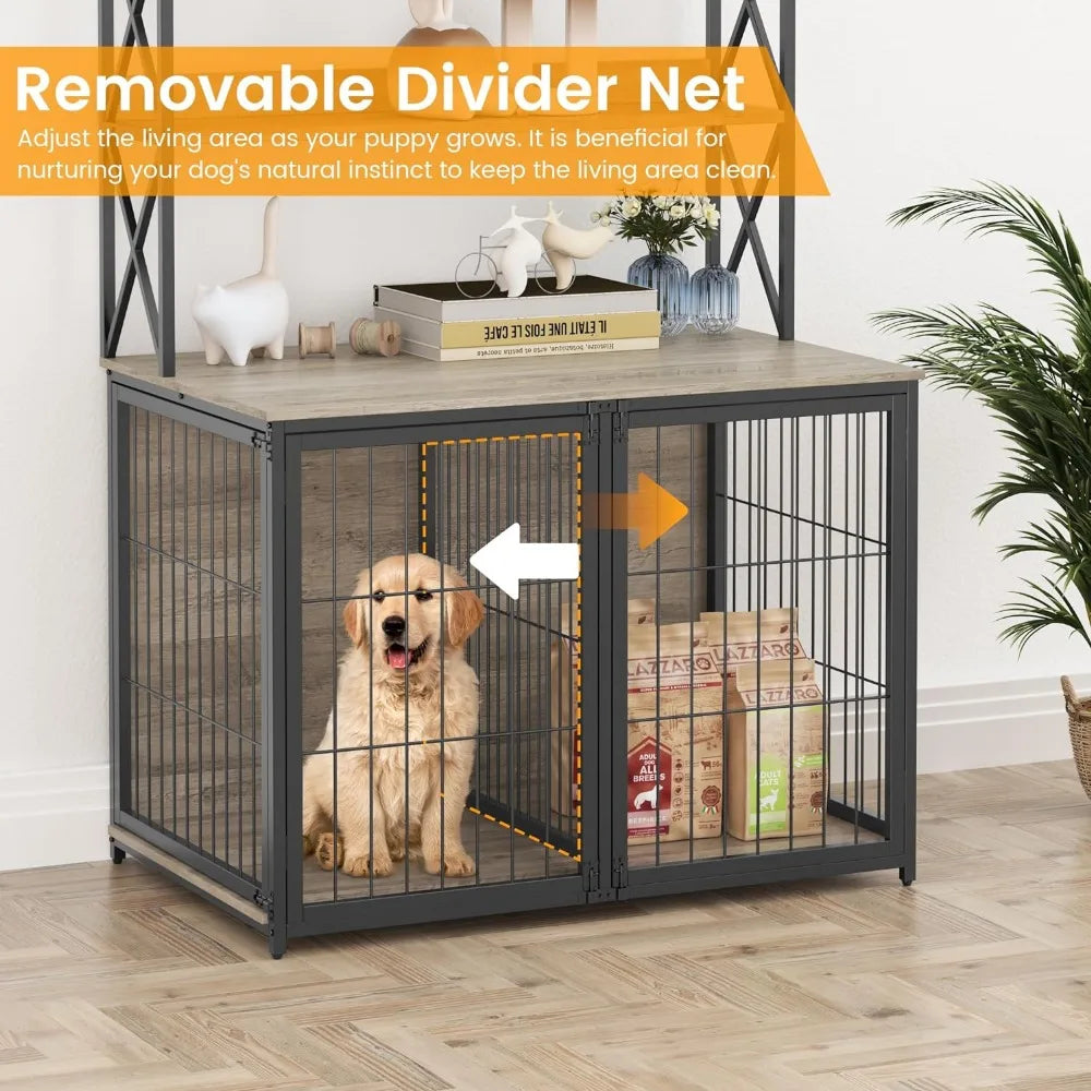 Grey wooden dog cage with flip cover and movable partition,42.5 inches long x 27.1 inches wide x 63.7 inches high, free shipping