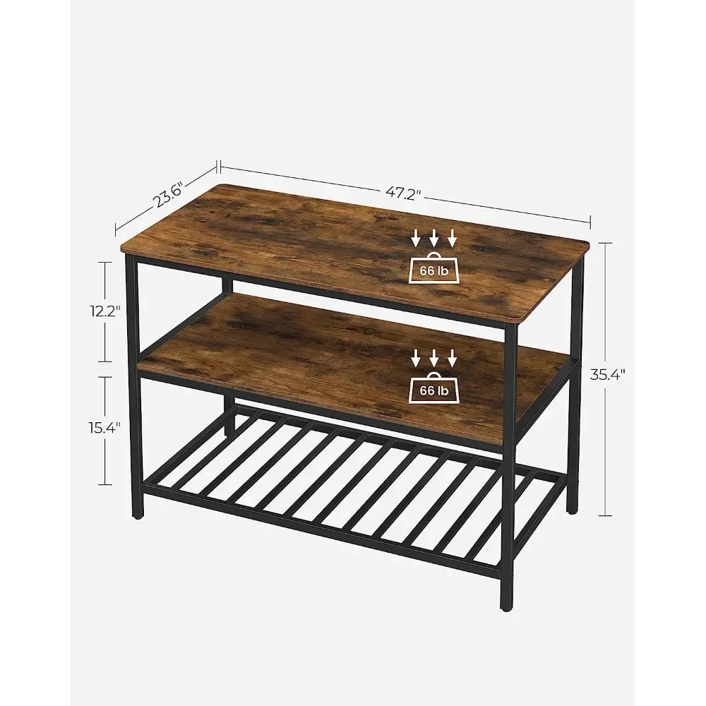 VASAGLE 47.2 Inches Kitchen Shelf with Large Worktop, Rustic Brown and Black,Kitchen Island with 3 Shelves, Easy to Assemble