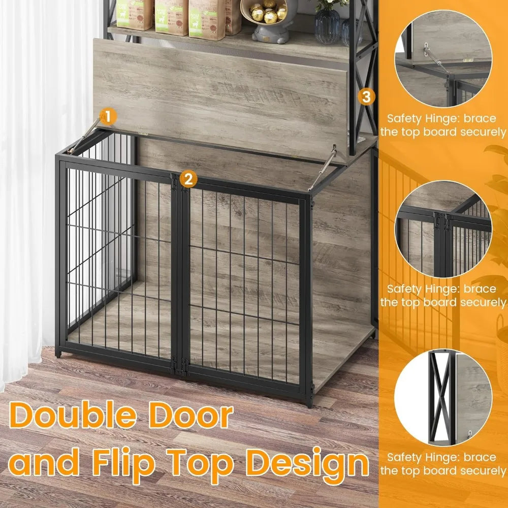 Grey wooden dog cage with flip cover and movable partition,42.5 inches long x 27.1 inches wide x 63.7 inches high, free shipping