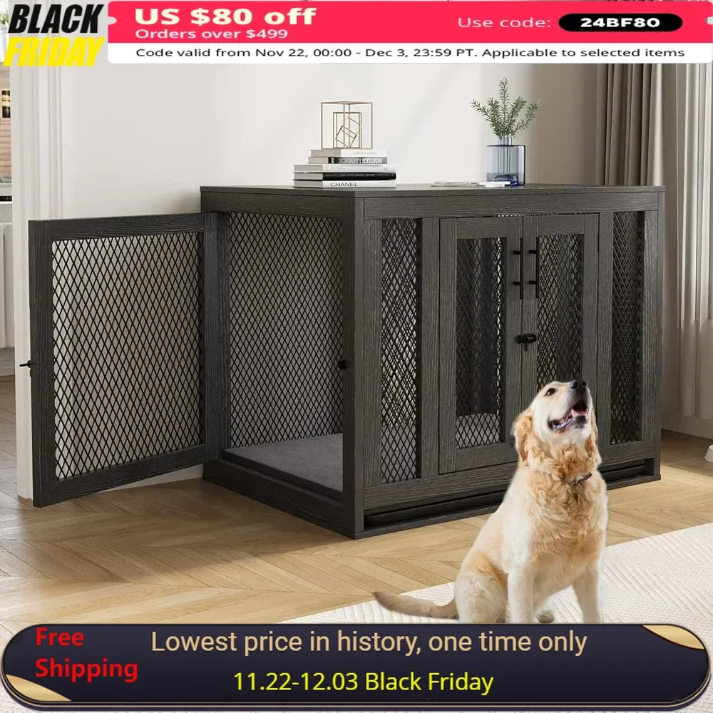 Dog Crate with Tray and Cushion, Double Doors Wooden Dog Kennel End Table, Decorative Pet Crate House Cage Indoor Mike's mixed store