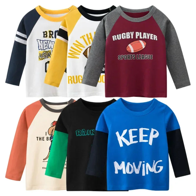 2024 Children's Clothing Autumn New Boys Bottoming Shirt Letters Rugby Print Cotton Kids T-shirt Baby Long Sleeve Tops Tees Mike's mixed store