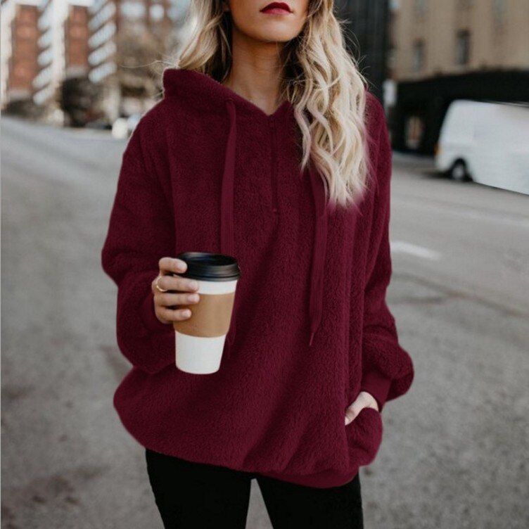 Women's Winter Solid Color Fleece Hooded Sweater Women's Zipper Long Sleeve Sweater Fleece Sweater Jacket Warm Thick Cotton Tops