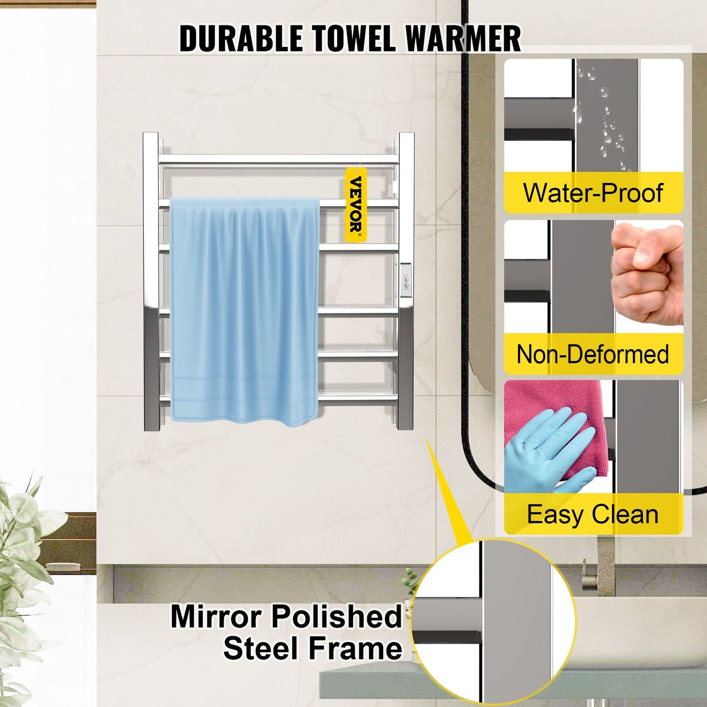 VEVOR Heated Towel Rack Towel Heater Warmer 4/6/8/10/12 Bars Polishing Brushed/ Mirror Polished/ Powder Coated Steel Squared