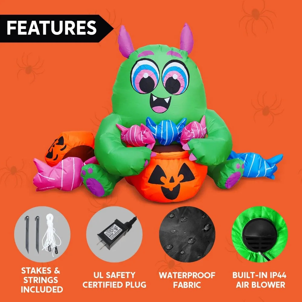 5 FT Long Halloween Inflatable Monster Candy with Pumpkin Inflatable Yard Decoration with Build-in LEDs Blow Up Inflatables