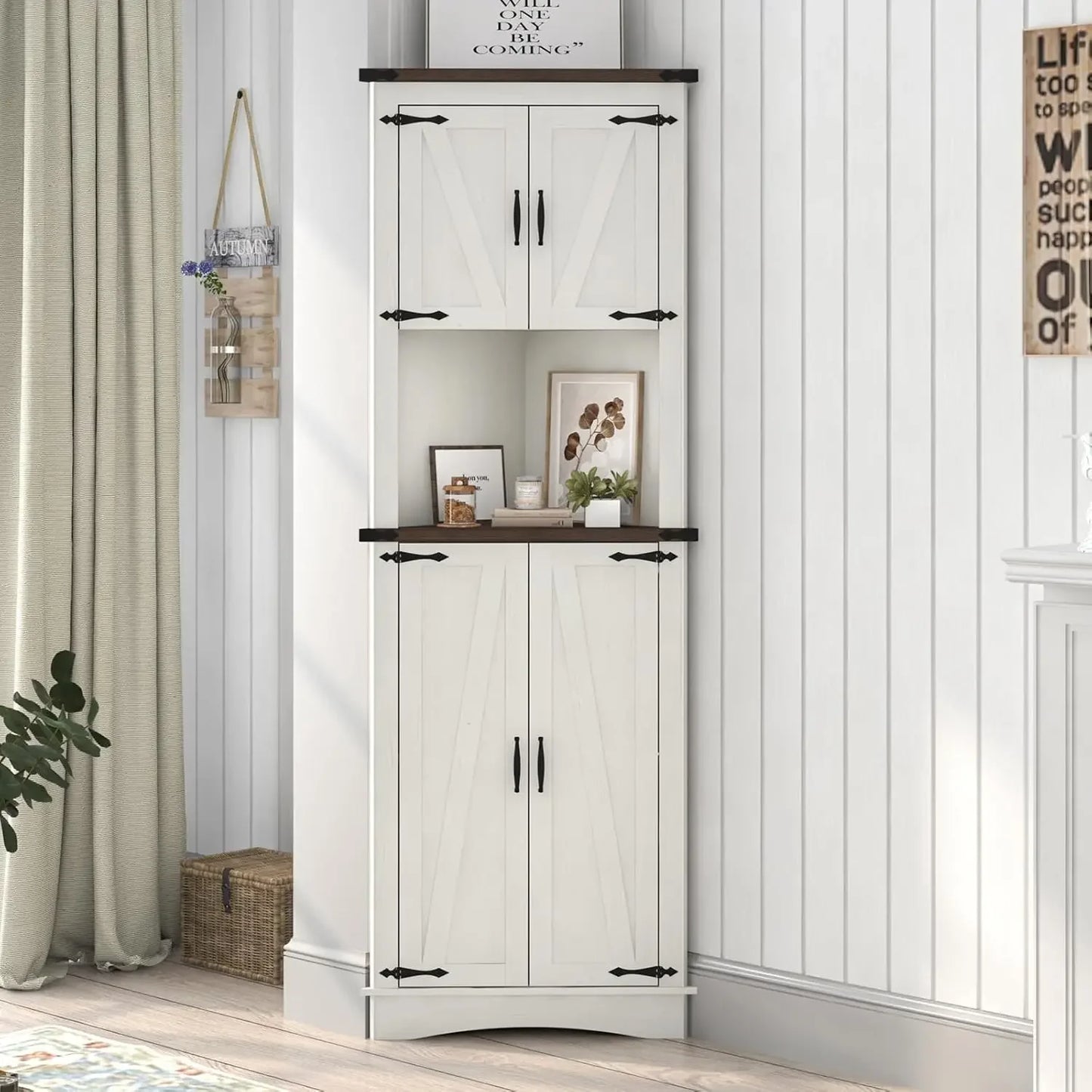 68" Tall Farmhouse Corner Cabinet, 5-Tier Storage Cabinet with 4 Barn Doors & Adjustable Shelves, Bathroom Cabinet with Storage Mike's mixed store