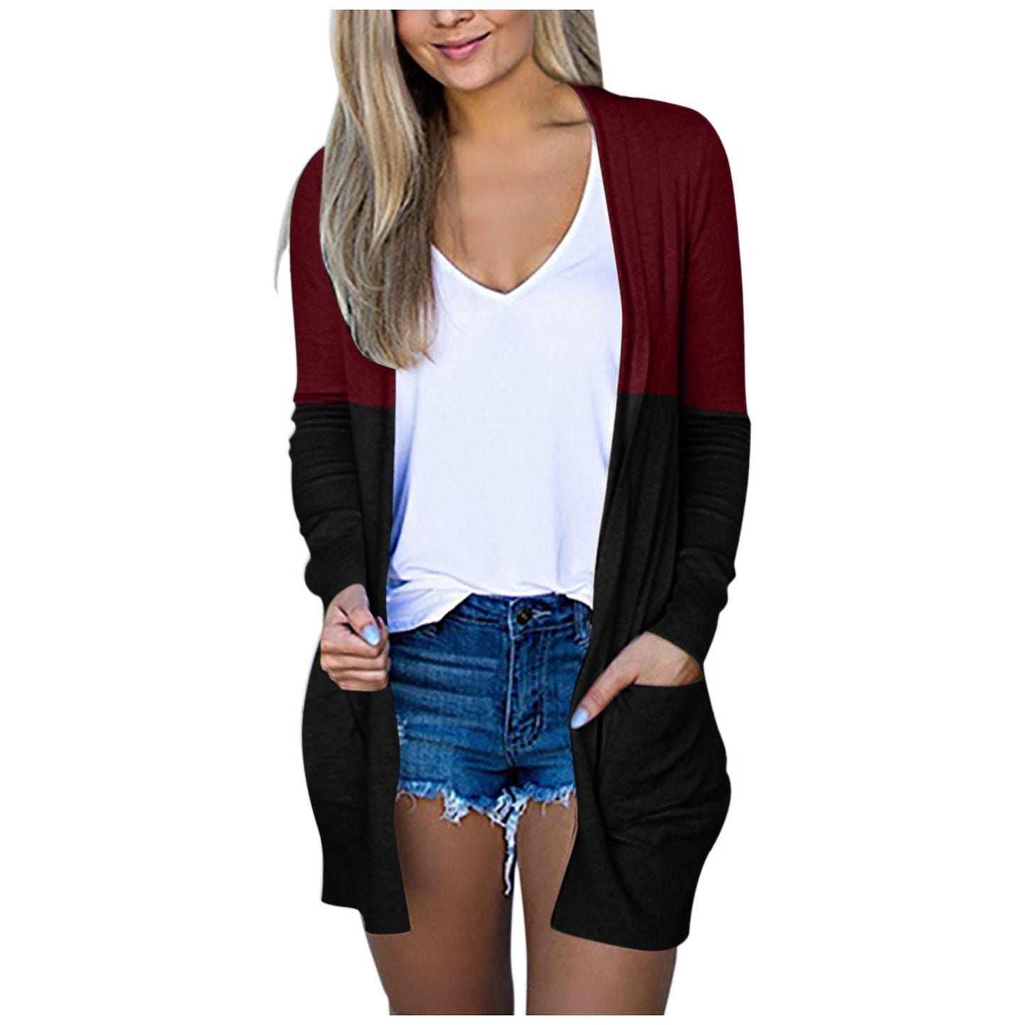 2023 Fall Women's Open Front Cardigan Striped Color Block Long Sleeve Lightweight Long Knit Cardigan Sweater Outwear