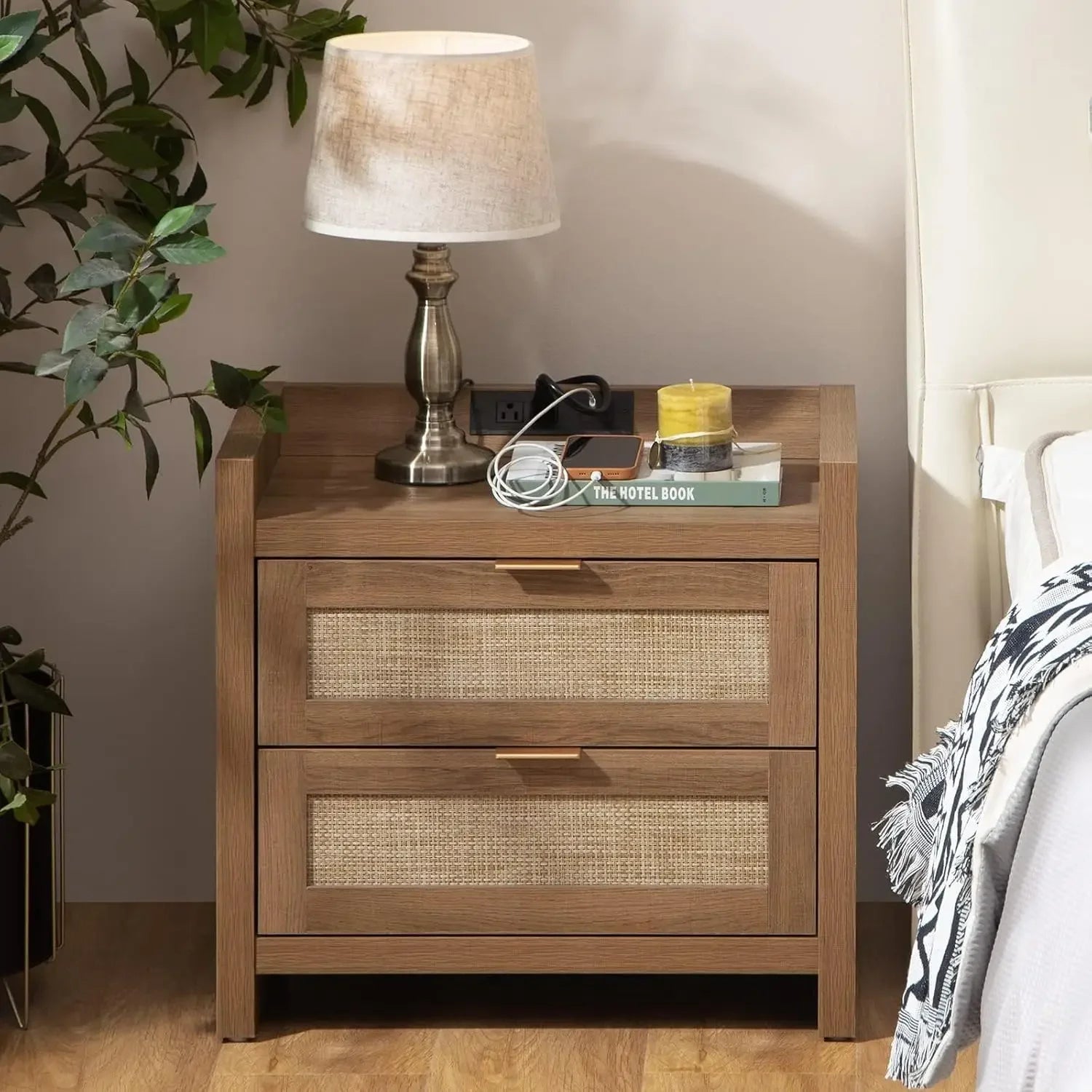 Nightstands.Night Stand Set of 2 - Rattan Nightstands with Type-C Charging Station,2Rattan Drawers-Boho Wood Bed Side End Table Mike's mixed store