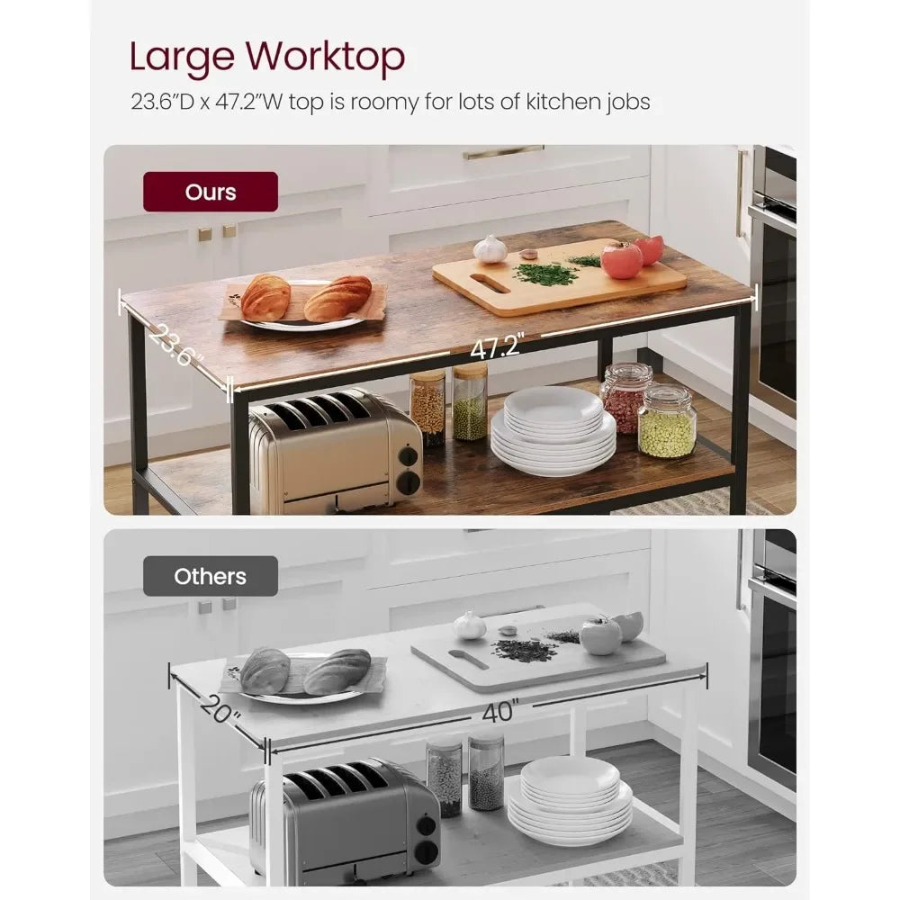 VASAGLE 47.2 Inches Kitchen Shelf with Large Worktop, Rustic Brown and Black,Kitchen Island with 3 Shelves, Easy to Assemble