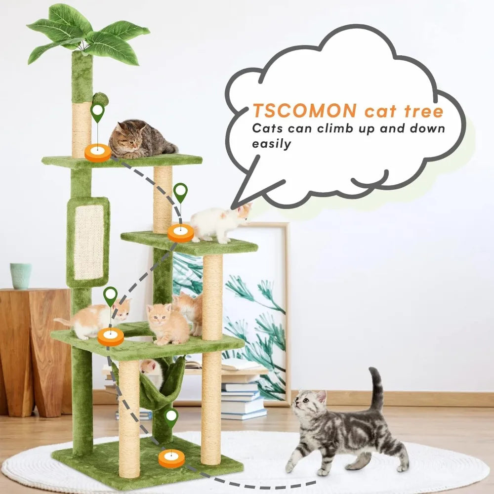 55" Cat Tree for Indoor Cats with Green Leaves, Multi-Level Large Tower for Indoor  with Hammock, Plush  House with