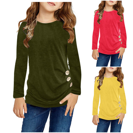 Kids Girls Casual Tunic Tops Knot Front Button Long Sleeve Casual Loose Blouse Autumn Winter T-Shirt Tee Camiseta de manga corta