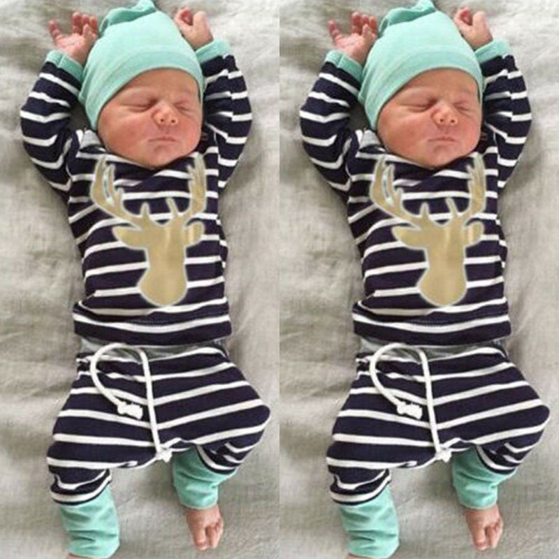 3M - 18M Striped Long Sleeve Tops + Long Pants+Hat