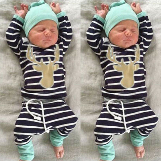 3M - 18M Striped Long Sleeve Tops + Long Pants+Hat