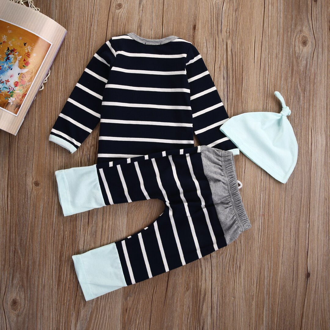 3M - 18M Striped Long Sleeve Tops + Long Pants+Hat