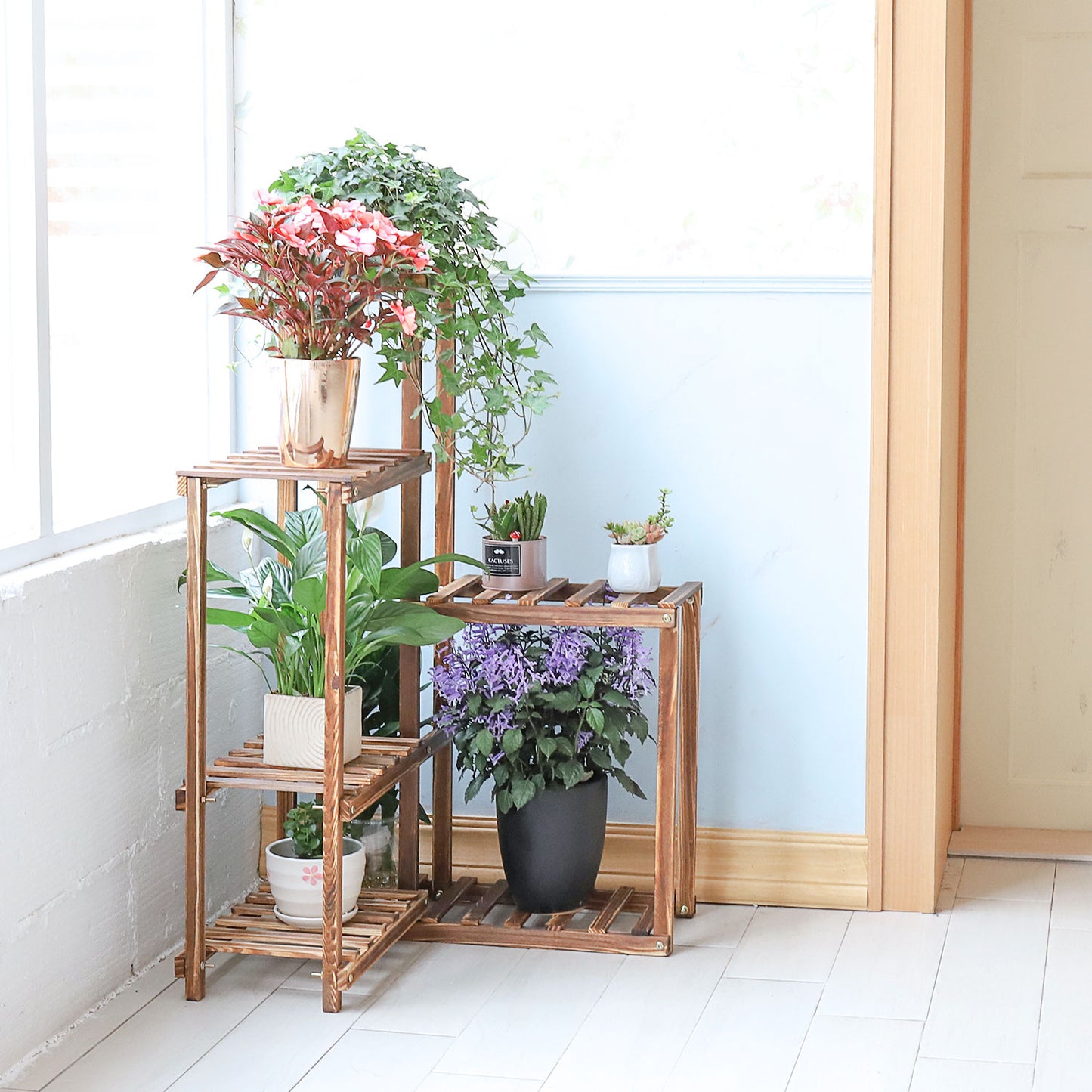 Corner Stand 6 Tier Wood Shelf Indoor Outdoor