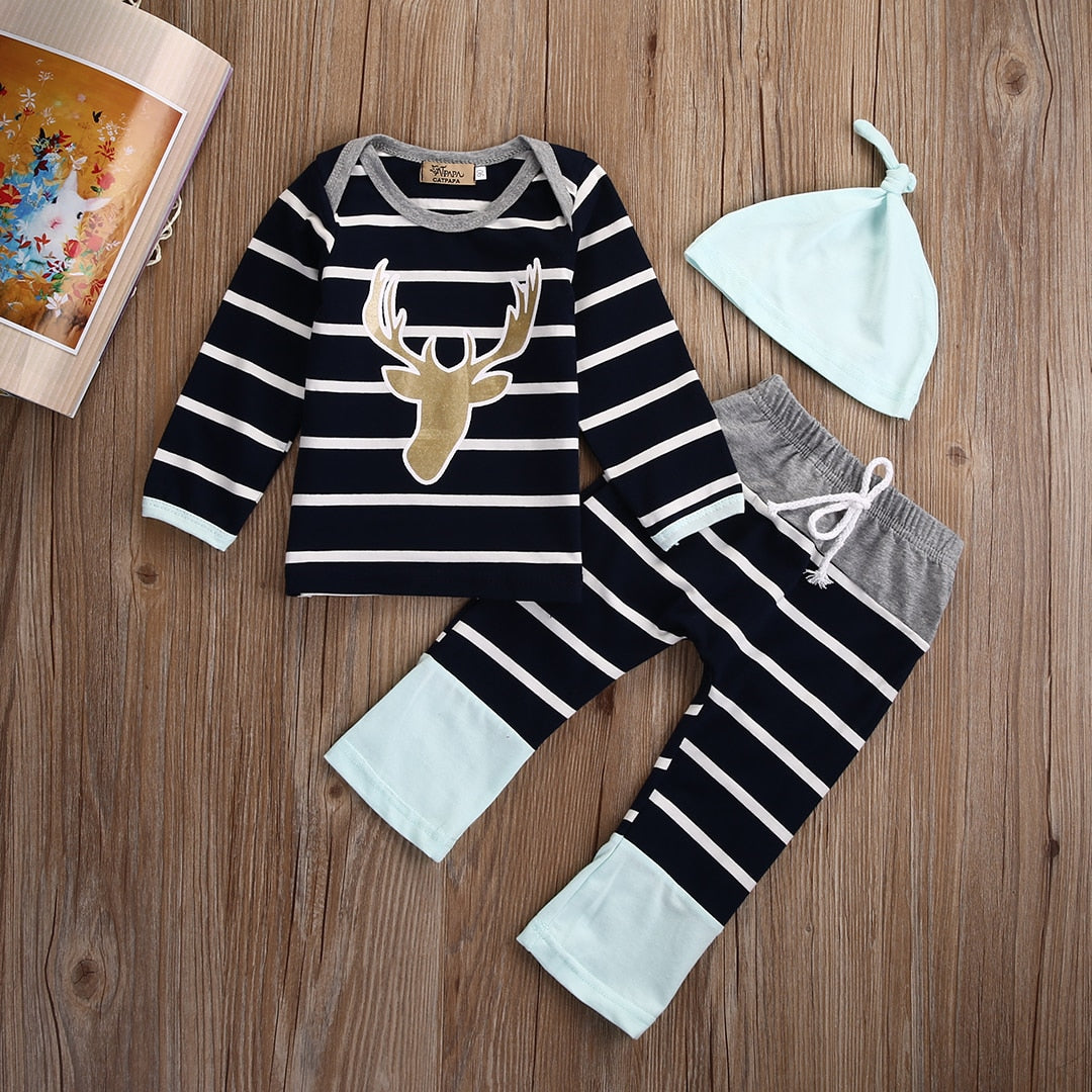 3M - 18M Striped Long Sleeve Tops + Long Pants+Hat