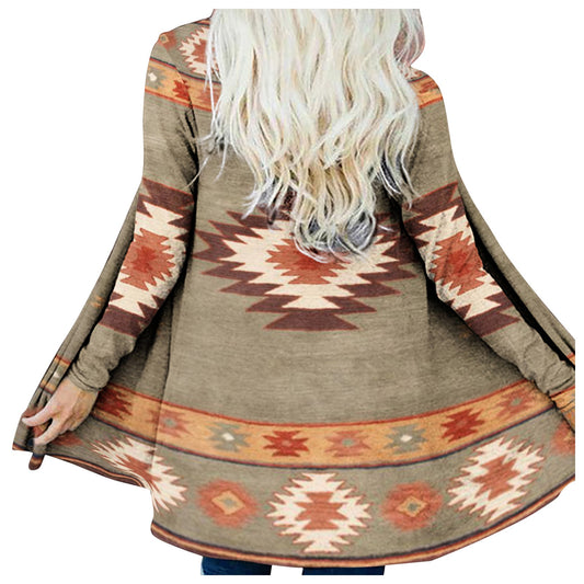 Women‘s Cardigan Fashionable Geometric Aztec Print Western Ethnic Jacket Long Sleeve Coat Female Autumn Winter Plus Size Clothes