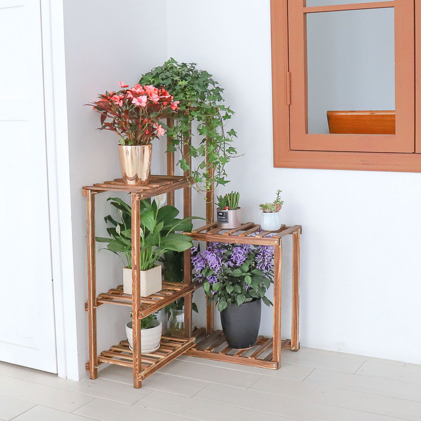 Corner Stand 6 Tier Wood Shelf Indoor Outdoor