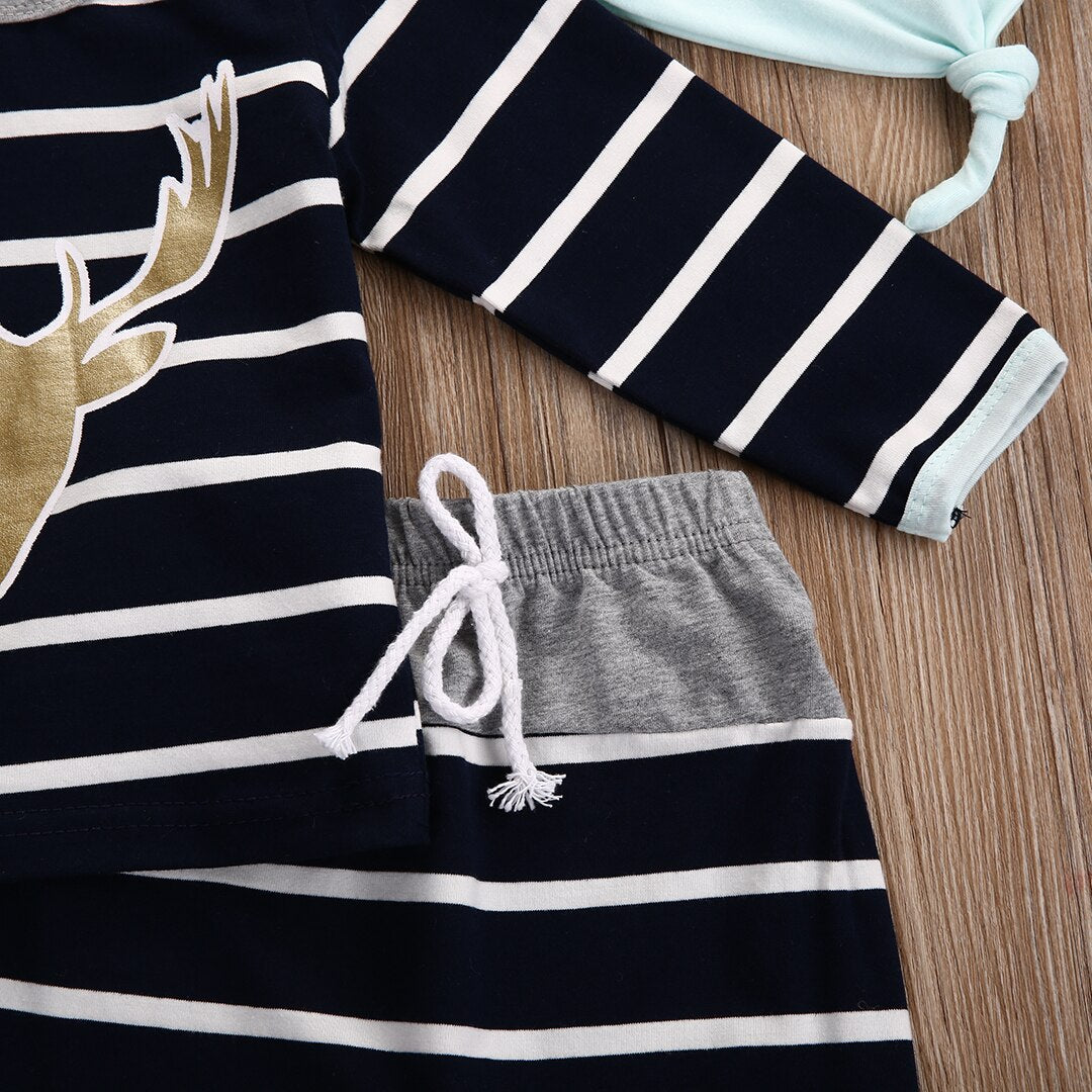 3M - 18M Striped Long Sleeve Tops + Long Pants+Hat