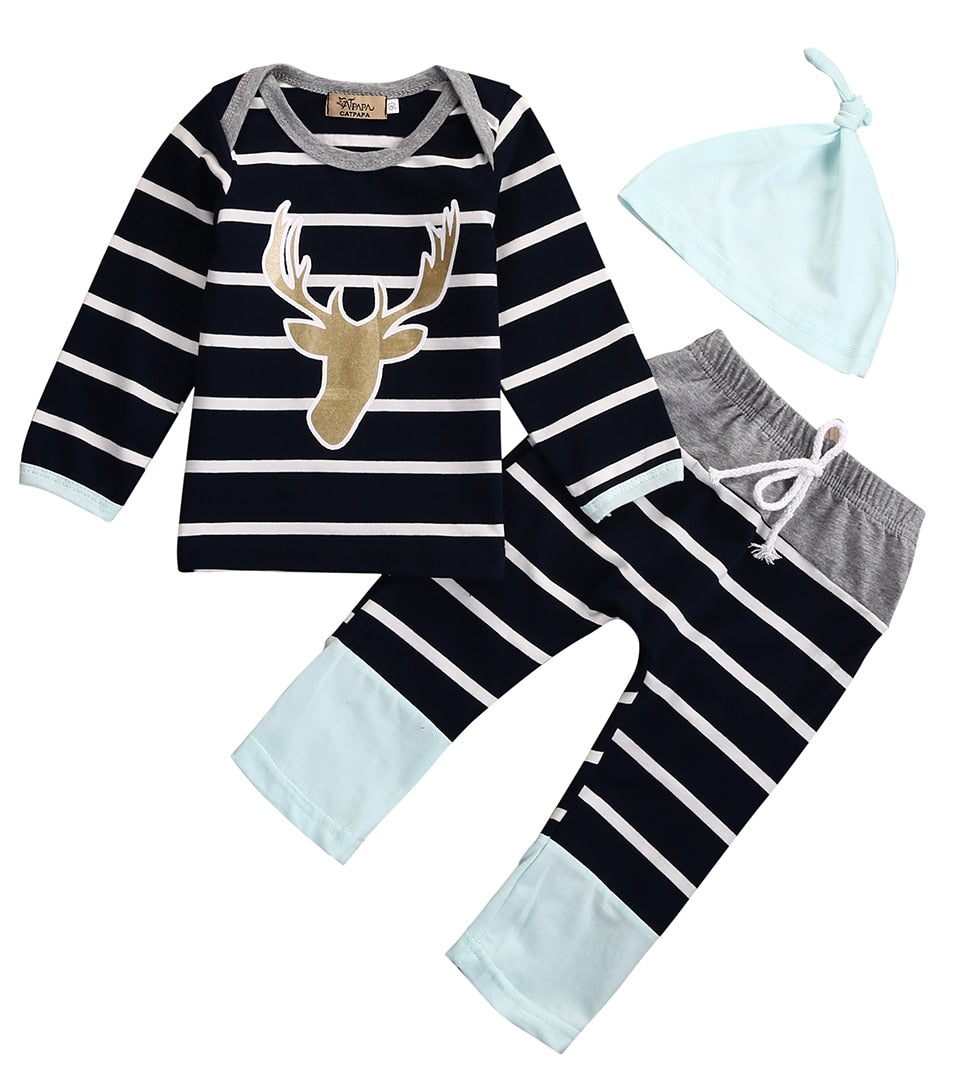 3M - 18M Striped Long Sleeve Tops + Long Pants+Hat