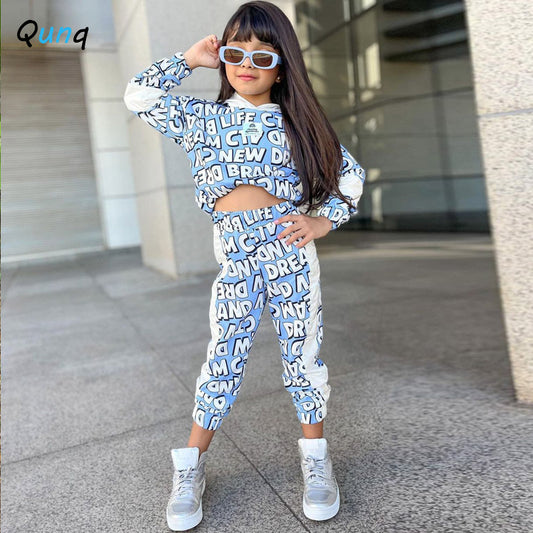 Qunq 2023 Summer INS New Girls Fashion Hooded Print Long Sleeve Splice Top+Pants 2 Pieces Set Casual Children Clothes Age 3T-8T