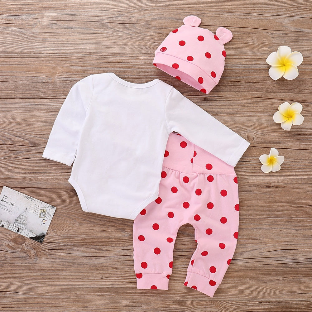 0M - 18M Giraffe Baby Girl Bodysuit + Polka Dots Pants + Cap