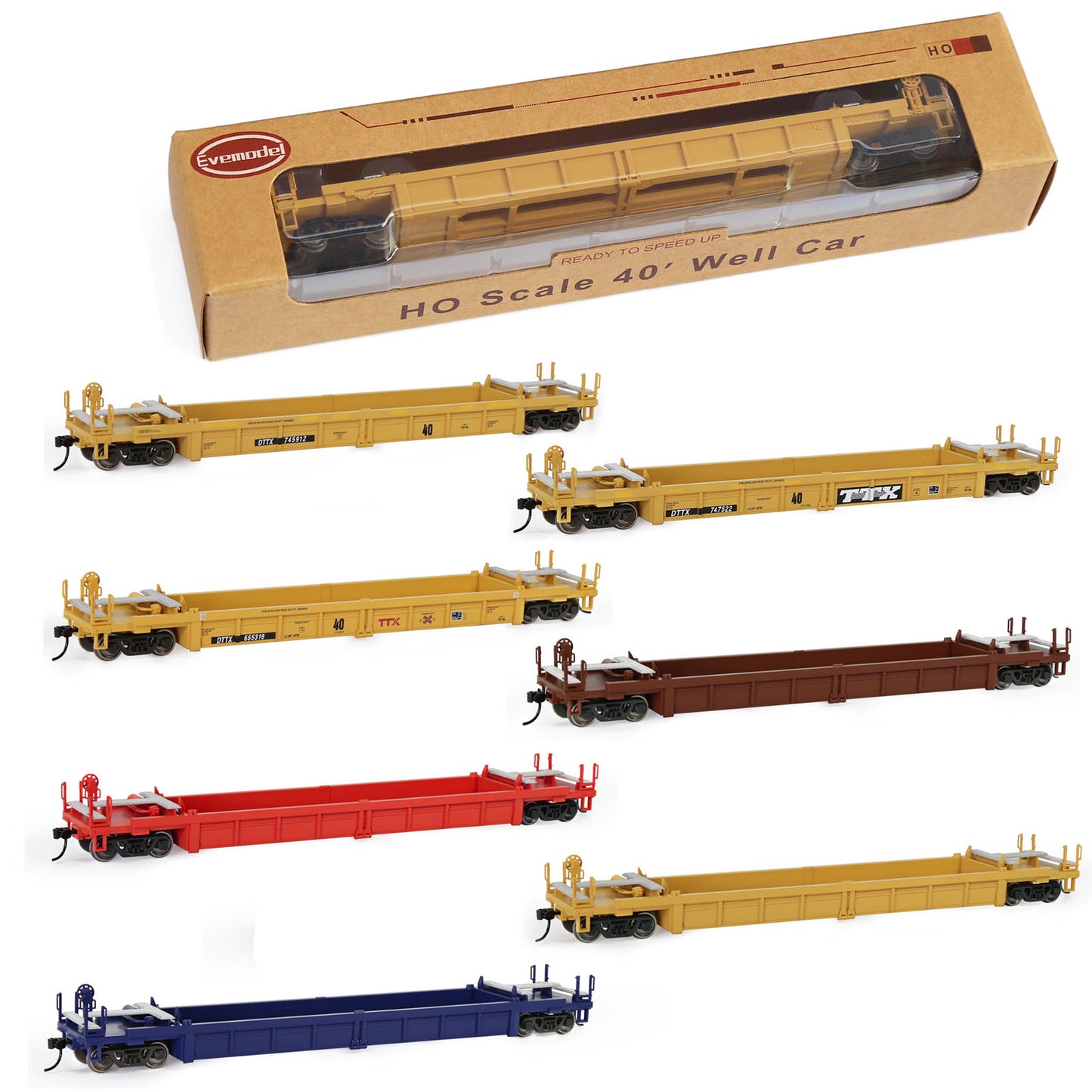 Evemodel 3pcs HO Scale 40' Well Car 1:87 40ft Depressed Center Flat Car Model Railway Wagon Freight Car C8749