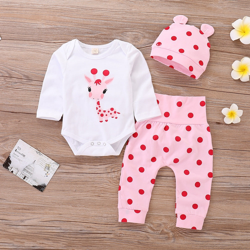 0M - 18M Giraffe Baby Girl Bodysuit + Polka Dots Pants + Cap