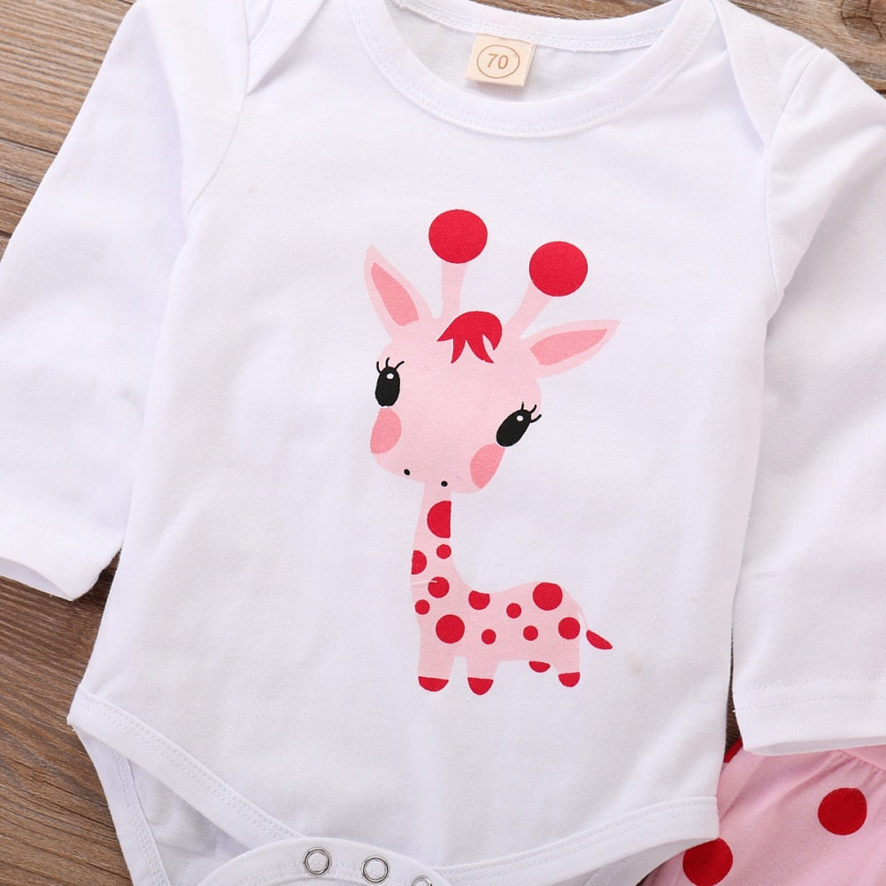 0M - 18M Giraffe Baby Girl Bodysuit + Polka Dots Pants + Cap