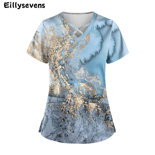 Gradient 3D Printing T-Shirts for Women Short Sleeve V Neck Nurse Working Uniform Casual Breathable Women Surgical Gown T-shirt